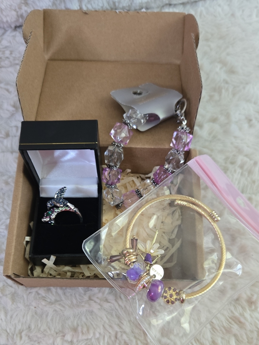 2 Mixed Purple and Gold Women’s Bracelet and hummingbird Ring Set